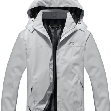 OTU Men's Lightweight Waterproof Hooded Rain Jacket Outdoor Raincoat Shell Jacket for Hiking Travel Light Grey S